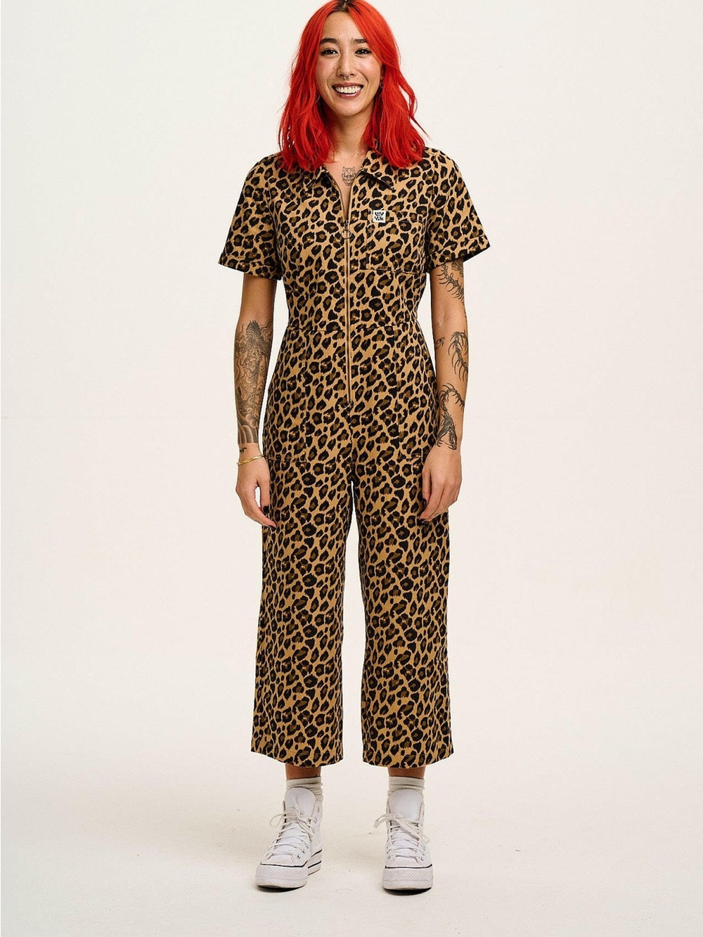 Lucy & Yak Ragan - Cotton Zip Front Jumpsuit in Leopard Print US 10 UK 14